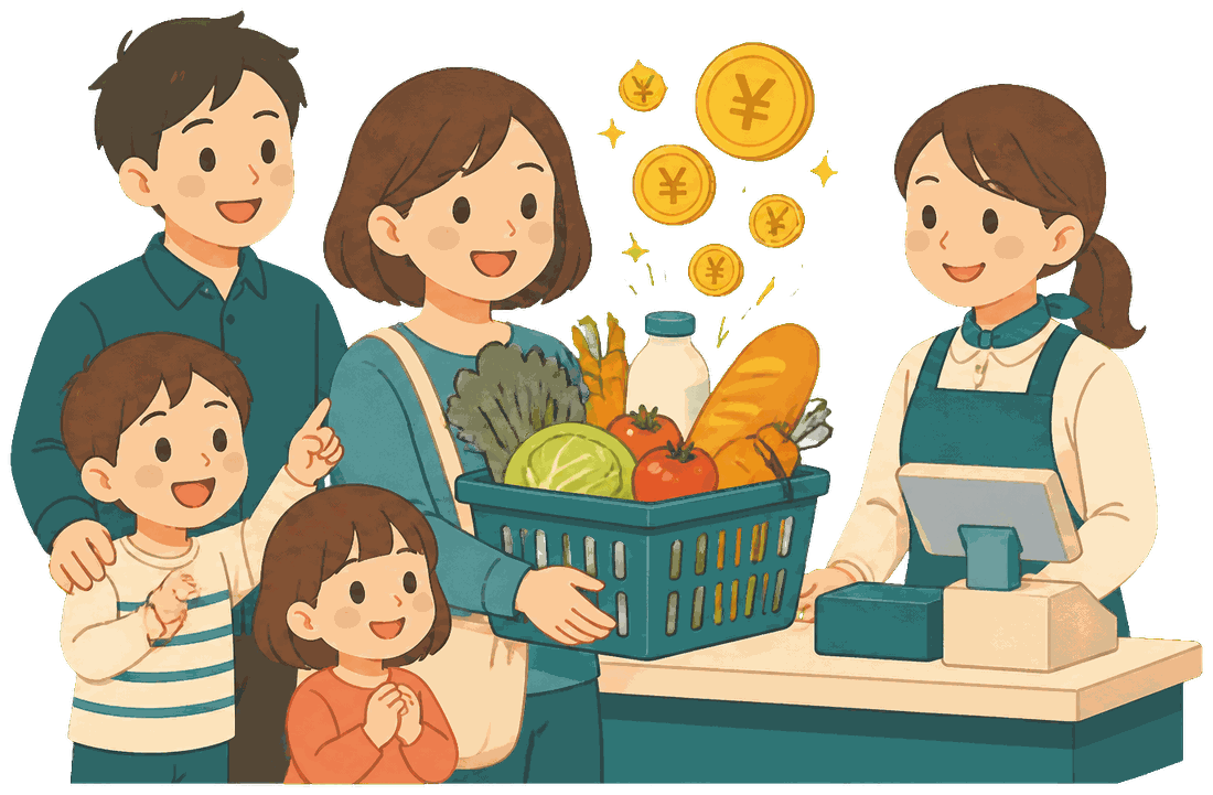 スーパーのレジで買い物かごを渡す家族のイラスト